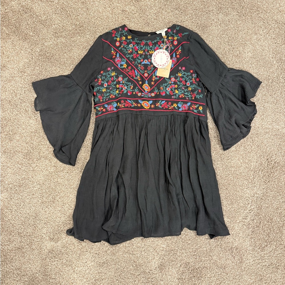 Umgee - Black Floral Embroidered Boho Mini Dress, Size Small